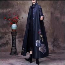 Fine black prints overcoat trendy plus size long jackets fall trench coats Chinese Button