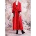vintage trendy plus size long fall red turn-down collar tie waist coat