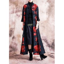 Elegant black patchwork red print oversize long Chinese Button fall coat